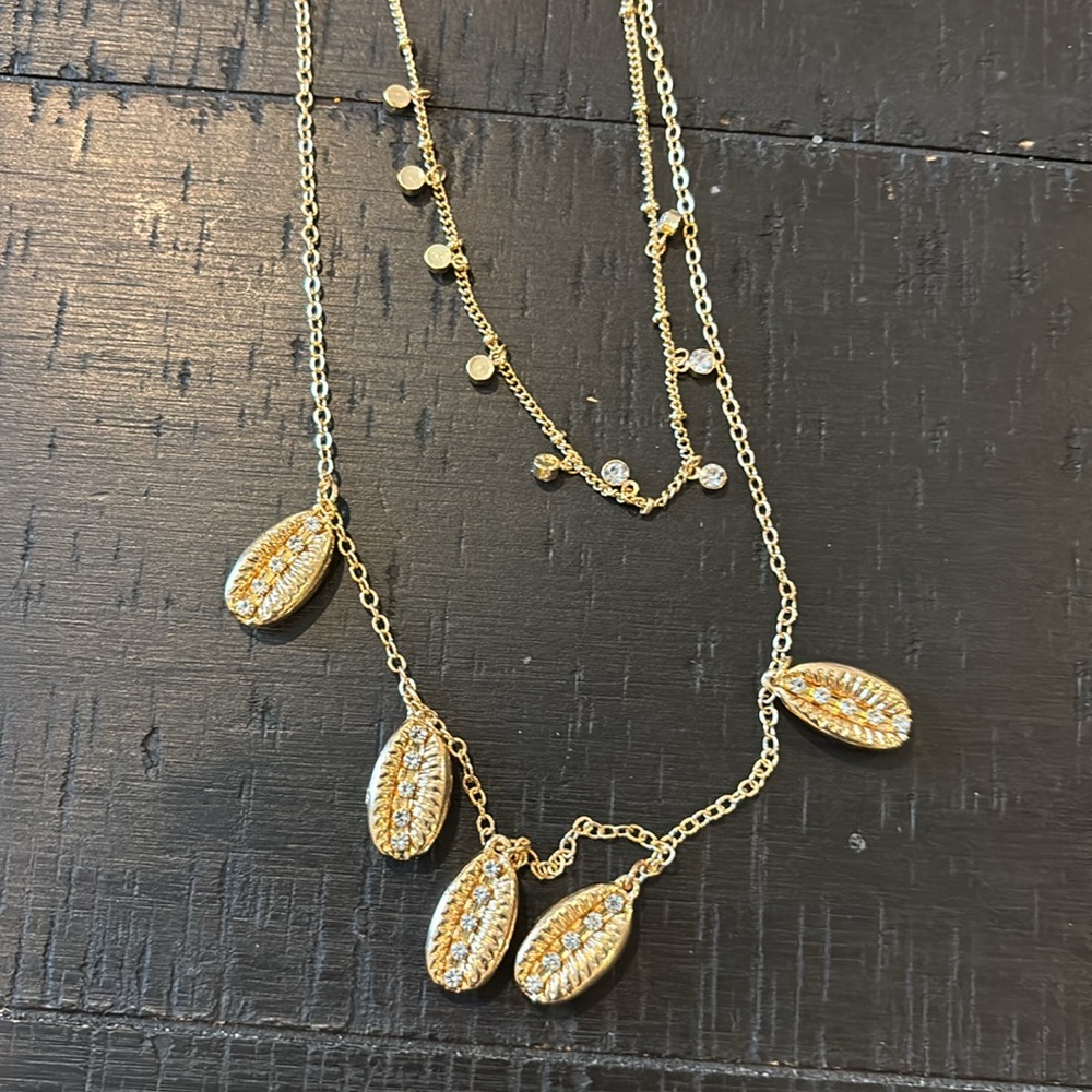 Multilayer Shell Gold Tone Rhinestone Dangle Pend… - image 4